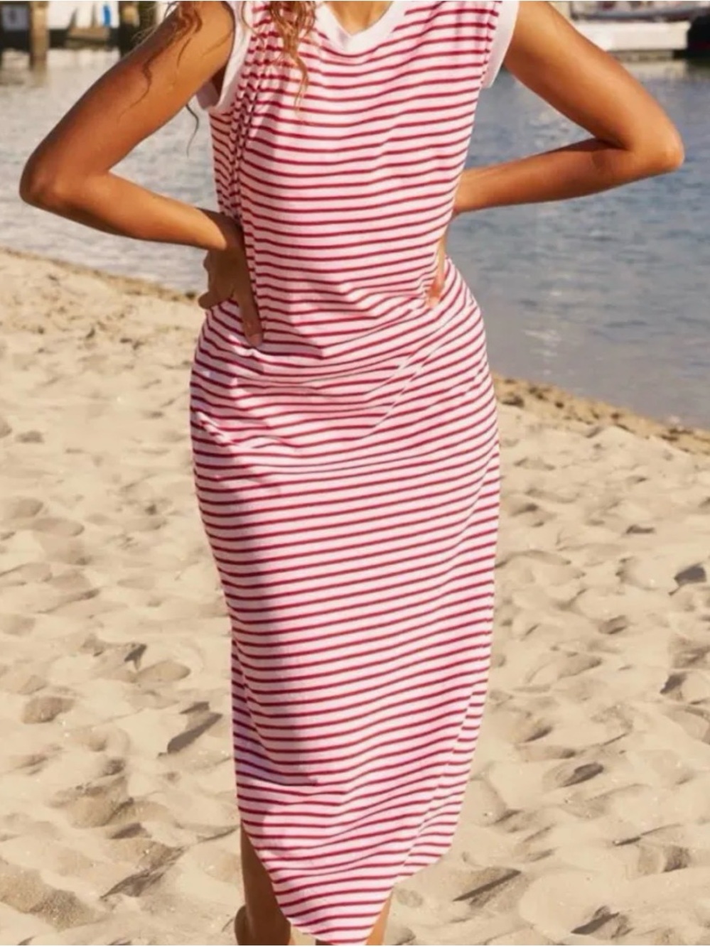 Frank & Eileen Red and White Striped Sleeveless Midi Dress